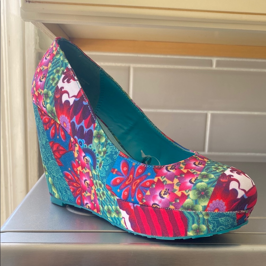 Desigual Red And Pink Wedge Shoes With Floral Pattern